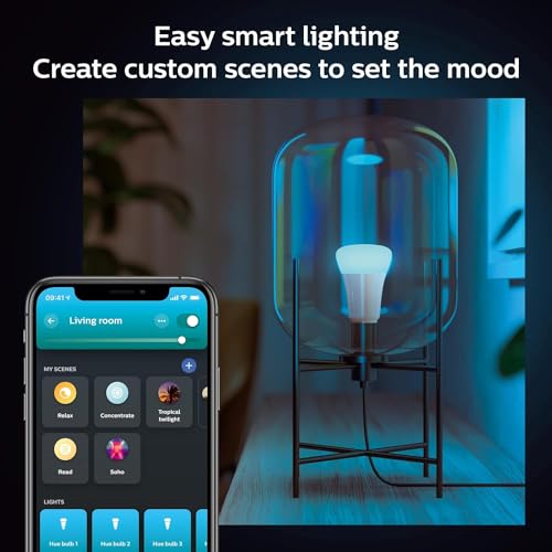 Philips Hue Smart Light Starter Kit - Includes (1) Bridge, (1) Dimmer Switch and (2) A19 LED Bulbs - White and Color Ambiance Color-Changing Light - 800LM - E26 - Control with App or Voice Assistant