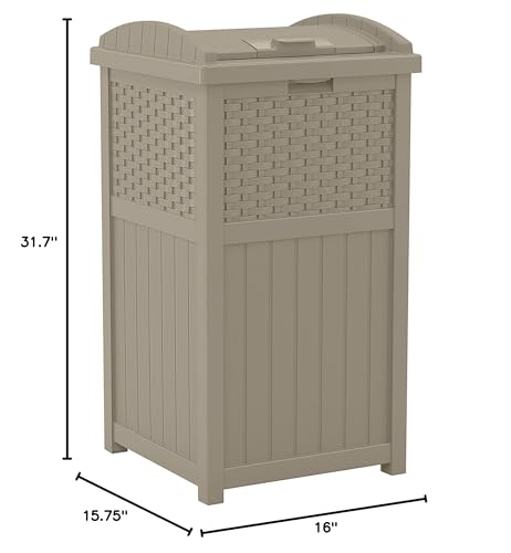 Suncast 33 Gal Hideaway Trash Can for Patio - Resin Outdoor Trash with Lid & 33 Gal Hideaway Can Resin Outdoor Trash with Lid Use in Backyard, Deck, or Patio, 33-Gal, Brown