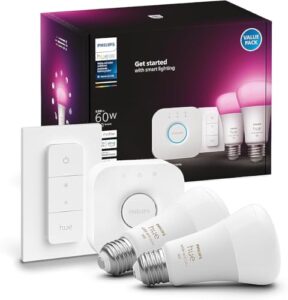 philips hue smart light starter kit - includes (1) bridge, (1) dimmer switch and (2) a19 led bulbs - white and color ambiance color-changing light - 800lm - e26 - control with app or voice assistant