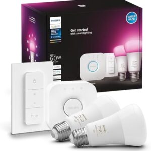 Philips Hue Smart Light Starter Kit - Includes (1) Bridge, (1) Dimmer Switch and (2) A19 LED Bulbs - White and Color Ambiance Color-Changing Light - 800LM - E26 - Control with App or Voice Assistant