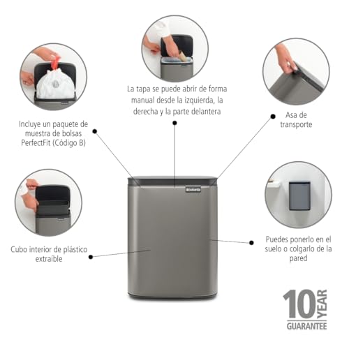 Brabantia Small Bo Trash Can 1.8 Gal - Easy Open, Soft Closing Lid, Hygienic, Space Efficient - for Bathroom, Home Office, Bedroom - Platinum - LWH 9.5 x 8.2 x 12.5