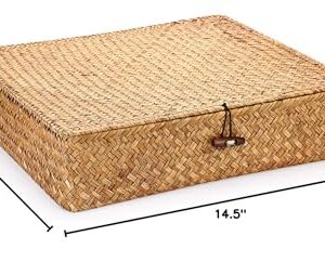 Hipiwe Flat Woven Wicker Basket Bins with Lid X-Large Natural Seagrass Storage Basket Box Multipurpose Household Basket Bins Boxes for Shelf Wardrobe Organizer, Caramel