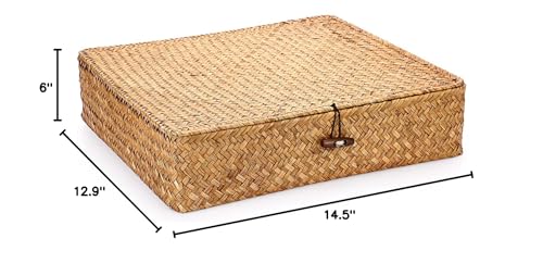 Hipiwe Flat Woven Wicker Basket Bins with Lid X-Large Natural Seagrass Storage Basket Box Multipurpose Household Basket Bins Boxes for Shelf Wardrobe Organizer, Caramel