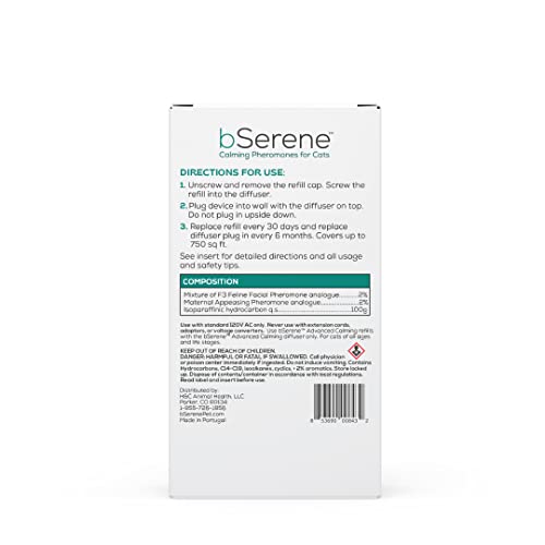 bSerene Advanced Pheromone Calming Solution for Cats 30-Day Diffuser Refill Helps Reduce Hiding, Scratching, Stress, Spraying for Single & Multi-Cat Homes, Promotes Bonding