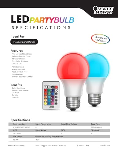 Feit Electric A19 LED Party Light Bulbs, Color Changing, Remote Control, 5 Watts, E26 Standard Base, 80 CRI, 120V, 13 Years Lifetime, Damp Rated LED Bulbs, 2 Pack, A19/RF/PARTYLED/2