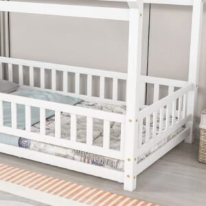 AnwickNomo Twin Size Floor Bed with Fence for Toddler, Montessori Bed with House Roof, Wooden Floor Bed Frame for Boy Girl Kids (White)