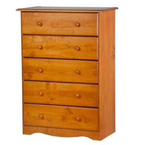 Copper Grove Palace Imports 100% Solid Wood 5-Drawer Chest with Metal or Wooden Knobs Honey Pine Stained Light Wood