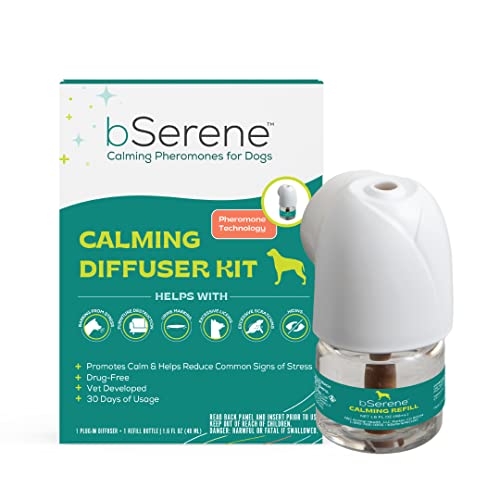 bSerene Pheromone Calming Solution for Dogs 30-Day Starter Kit: Plug-in Diffuser + Refill Helps Reduce Excessive Barking, Destruction, Stress, and Fear Great for Thunderstorms and Fireworks