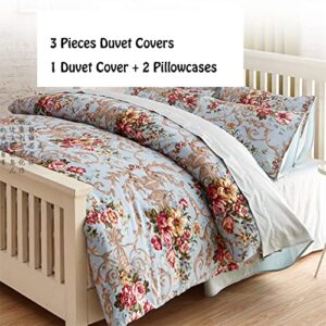 ABREEZE Vintage Floral Duvet Cover Set-100% Egyptian Cotton Peony Bedding Sets Leave Print Bedding Set-Breathable and Soft Duvet Cover Set for All Seasons(King)