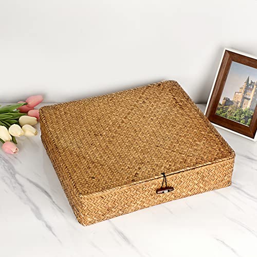 Hipiwe Flat Woven Wicker Basket Bins with Lid X-Large Natural Seagrass Storage Basket Box Multipurpose Household Basket Bins Boxes for Shelf Wardrobe Organizer, Caramel