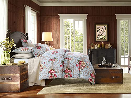 ABREEZE Vintage Floral Duvet Cover Set-100% Egyptian Cotton Peony Bedding Sets Leave Print Bedding Set-Breathable and Soft Duvet Cover Set for All Seasons(King)