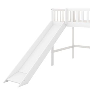 Bellemave Twin Size Low Loft Bed with Slide Wood Junior Loft Beds Frame with Ladder and Guardrails for Kids Boys Girls, White, White With Slide