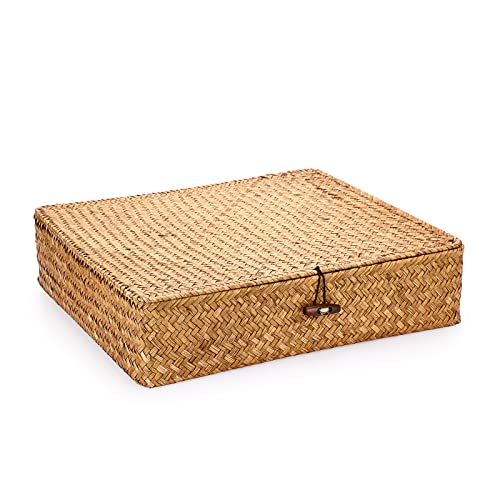 Hipiwe Flat Woven Wicker Basket Bins with Lid X-Large Natural Seagrass Storage Basket Box Multipurpose Household Basket Bins Boxes for Shelf Wardrobe Organizer, Caramel