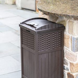 Suncast 33 Gal Hideaway Trash Can for Patio - Resin Outdoor Trash with Lid & 33 Gal Hideaway Can Resin Outdoor Trash with Lid Use in Backyard, Deck, or Patio, 33-Gal, Brown