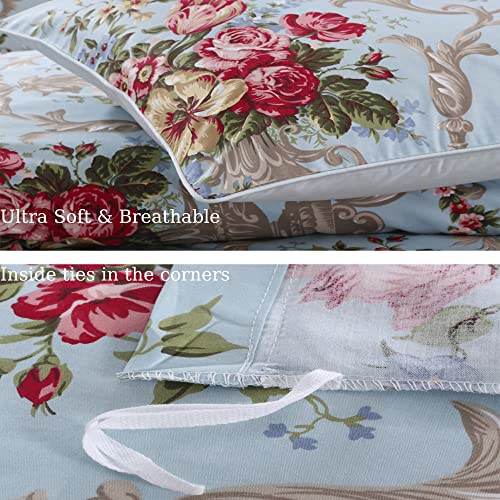 ABREEZE Vintage Floral Duvet Cover Set-100% Egyptian Cotton Peony Bedding Sets Leave Print Bedding Set-Breathable and Soft Duvet Cover Set for All Seasons(King)