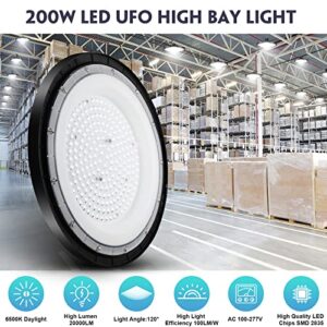 CheDux 200W UFO LED High Bay Light 4 Packs,20000LM High Bay LED Lights, 6500K Daylight White Ultra Thin LED Warehouse Lighting,IP65 Waterproof UFO Commercial Bay Lighting for Garage Workshop Gym