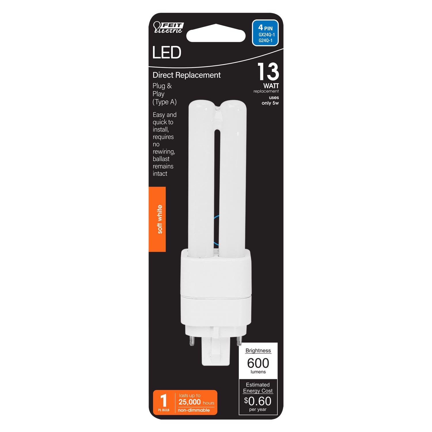 Feit Electric PL GX24Q-1 4 Pin LED Tube Light Soft White 13 Watt Equivalence 1 pk