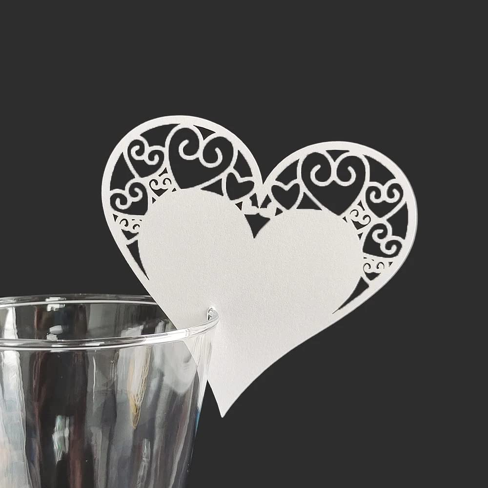 150 Pcs Heart Table Number Place Card Name Card Wine Glass Cup Decoration Postcards for Wedding Party,Reception, Anniversary, Birthday Party (white-150pcs)