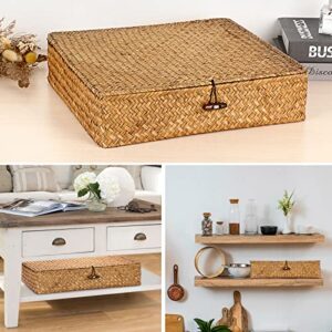 Hipiwe Flat Woven Wicker Basket Bins with Lid X-Large Natural Seagrass Storage Basket Box Multipurpose Household Basket Bins Boxes for Shelf Wardrobe Organizer, Caramel