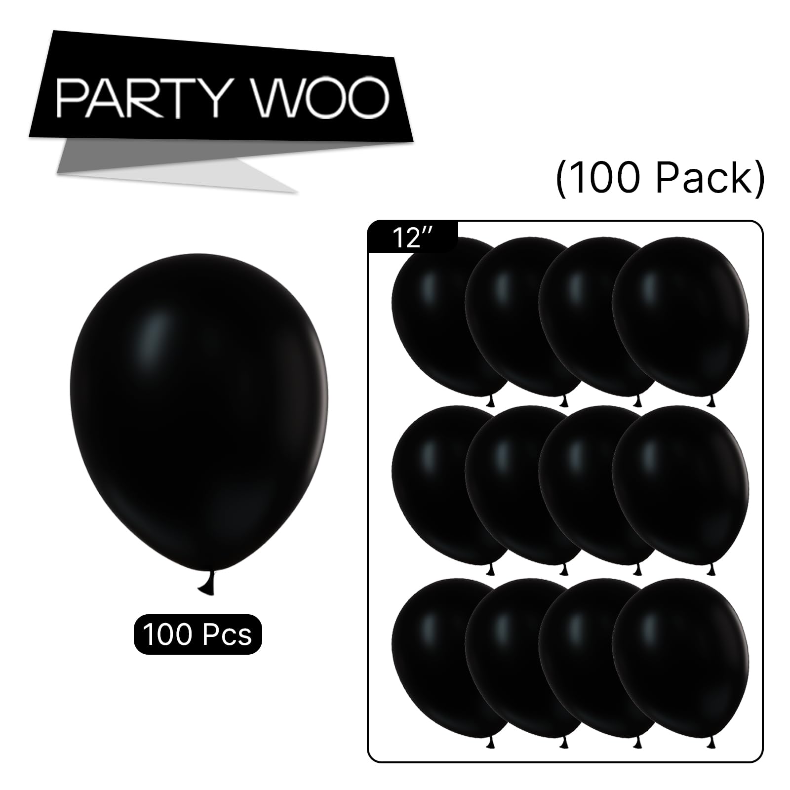 PartyWoo Black Balloons, 100 pcs 12 Inch Matte Black Balloons, Black Balloons for Balloon Garland or Balloon Arch as Party Decorations, Birthday Decorations, Retirement Party Decorations, Black-Y18