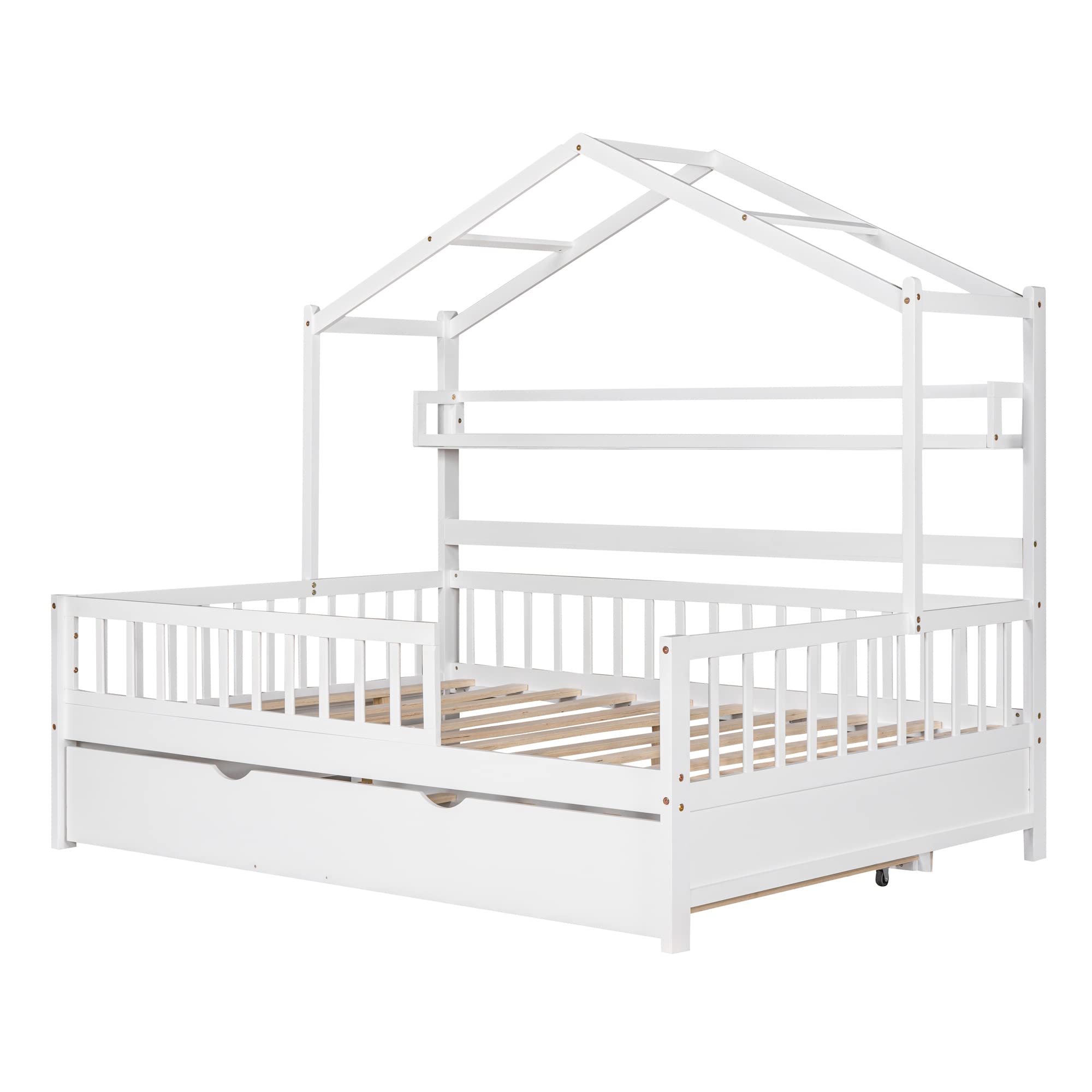 Harper & Bright Designs Full House Bed with Trundle, Wood Full Kids Bed Frame with Shelf, Full Size House Bed for Kids with Roof for Girls, Boys,No Box Spring Needed (Full, White)