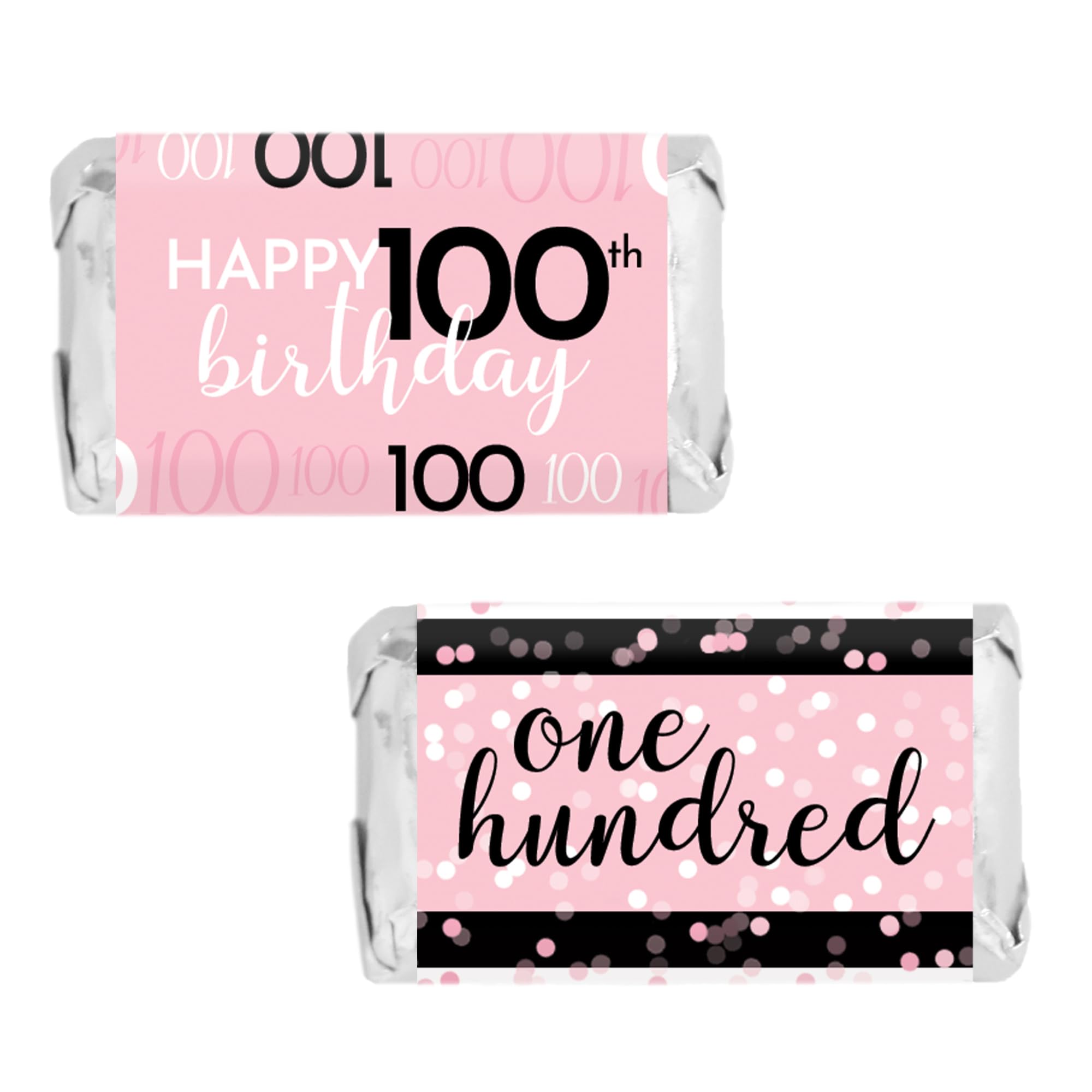 DISTINCTIVS Pink, Black, and White 100th Birthday Party Mini Candy Bar Wrappers - 45 Count - Pink Birthday Decorations for Women