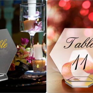 QWORK Clear Acrylic Hexagonal Place Cards, 25 Pack Acrylic Tabletop Sign & Holder, DIY Table Name Cards Plates for Wedding Reception Event Party Centerpiece Table Decorations