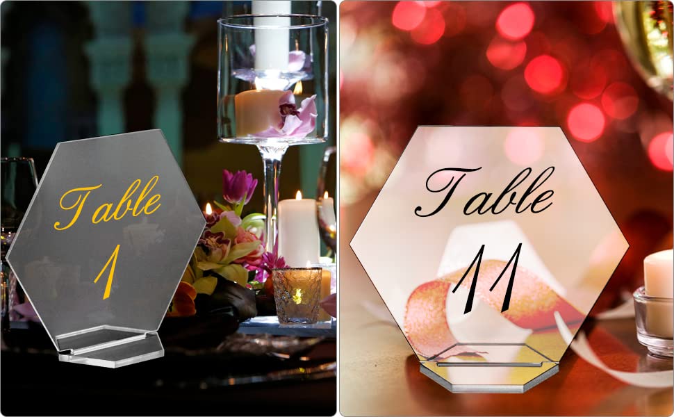 QWORK Clear Acrylic Hexagonal Place Cards, 25 Pack Acrylic Tabletop Sign & Holder, DIY Table Name Cards Plates for Wedding Reception Event Party Centerpiece Table Decorations