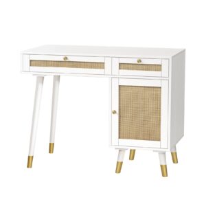 Anmytek Rattan Vanity Desk with Drawers and Storage, White Makeup Vanity Table Modern Home Office Desk Computer Desk for Study D0006