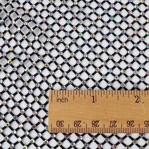 Exquisite AB Color Rhinestone Fabric Stretchy Mesh (15 inch by 12 inch, Black)