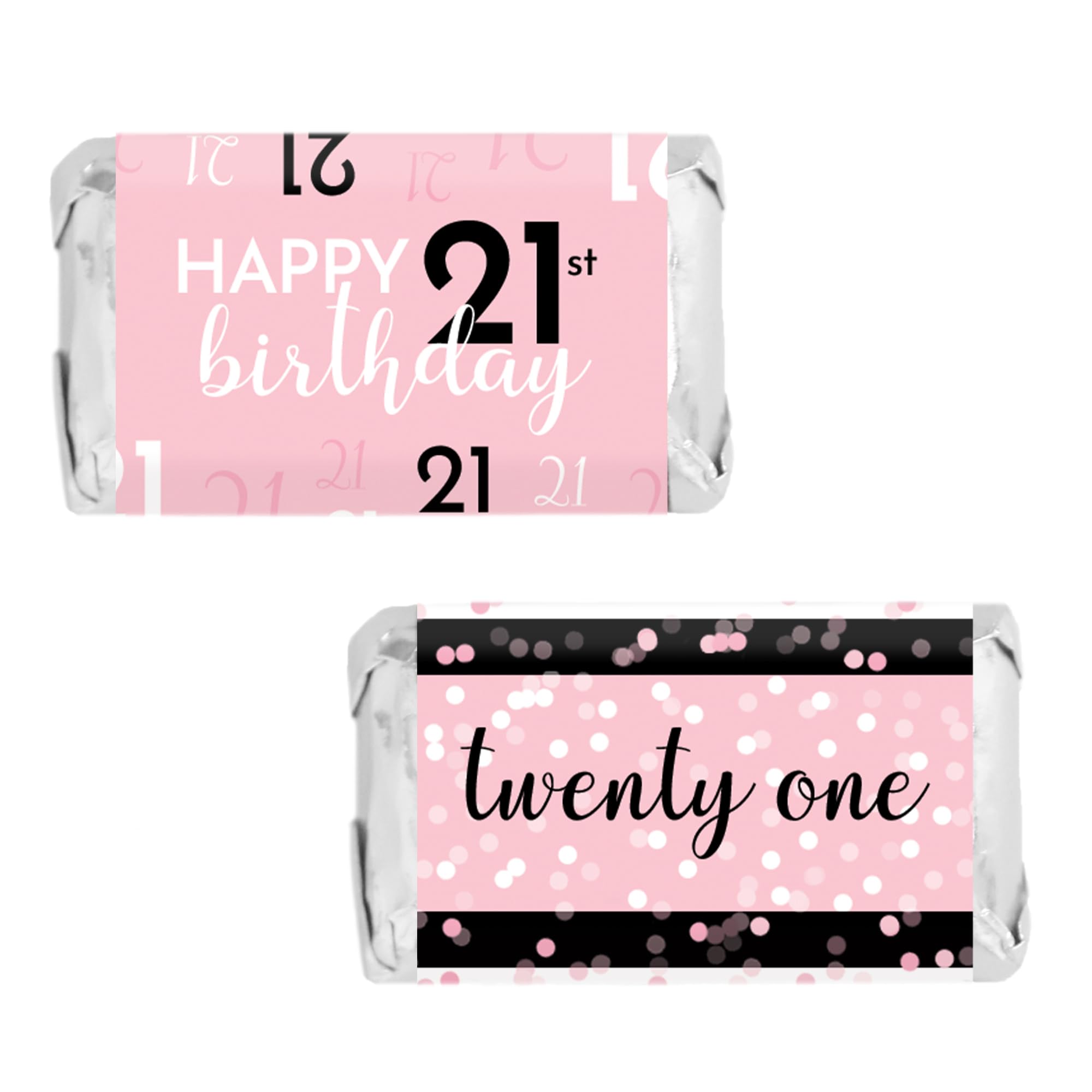 DISTINCTIVS Pink, Black, and White 21st Birthday Party Mini Candy Bar Wrappers - 45 Count - Milestone Birthday Party Supplies