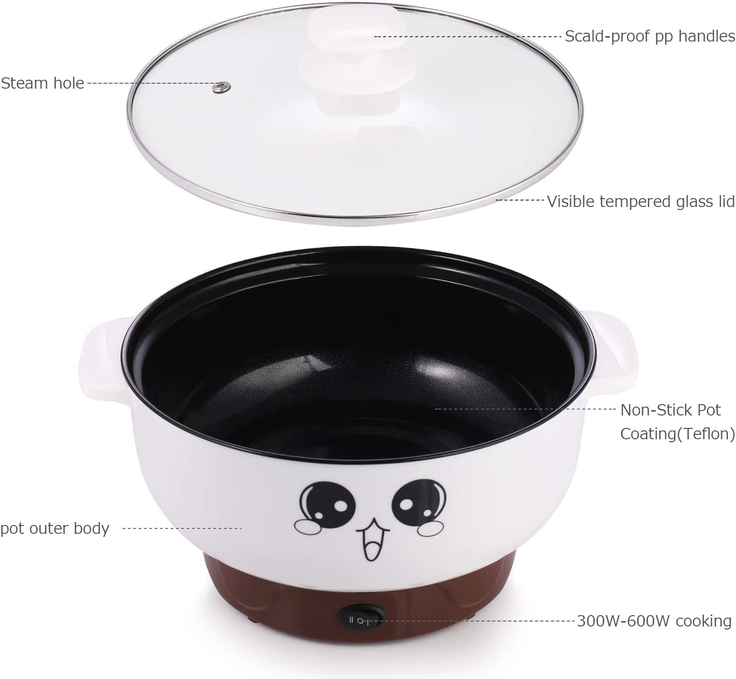 BXE 4-in-1 Multifunction Electric Cooker Skillet Wok Electric Hot Pot For Cook Rice Fried Noodles Stew Soup Steamed Fish Boiled Egg Small Non-stick with Lid (without Steamer,White)