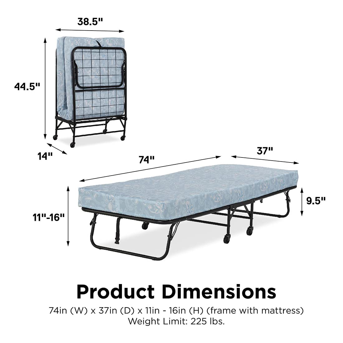 AZURFA Folding Bed with Mattress, 5 Inch Mattress and Metal Bed Frames, Portable Rollaway Guest Bed with Caster Wheels, Twin