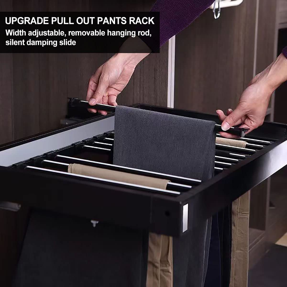 Pull Out Pants Rack for Closet, Retractable Wardrobe Trousers Rack Jeans Hanger for Cabinet Inner Width 23.6"~33.5", Space Saving Aluminum Alloy Closet Organizer