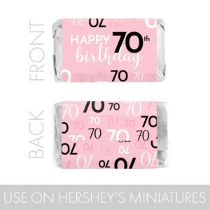 DISTINCTIVS Pink, Black, and White 70th Birthday Party Mini Candy Bar Wrappers - 45 Count, 70th Birthday Decorations for Women