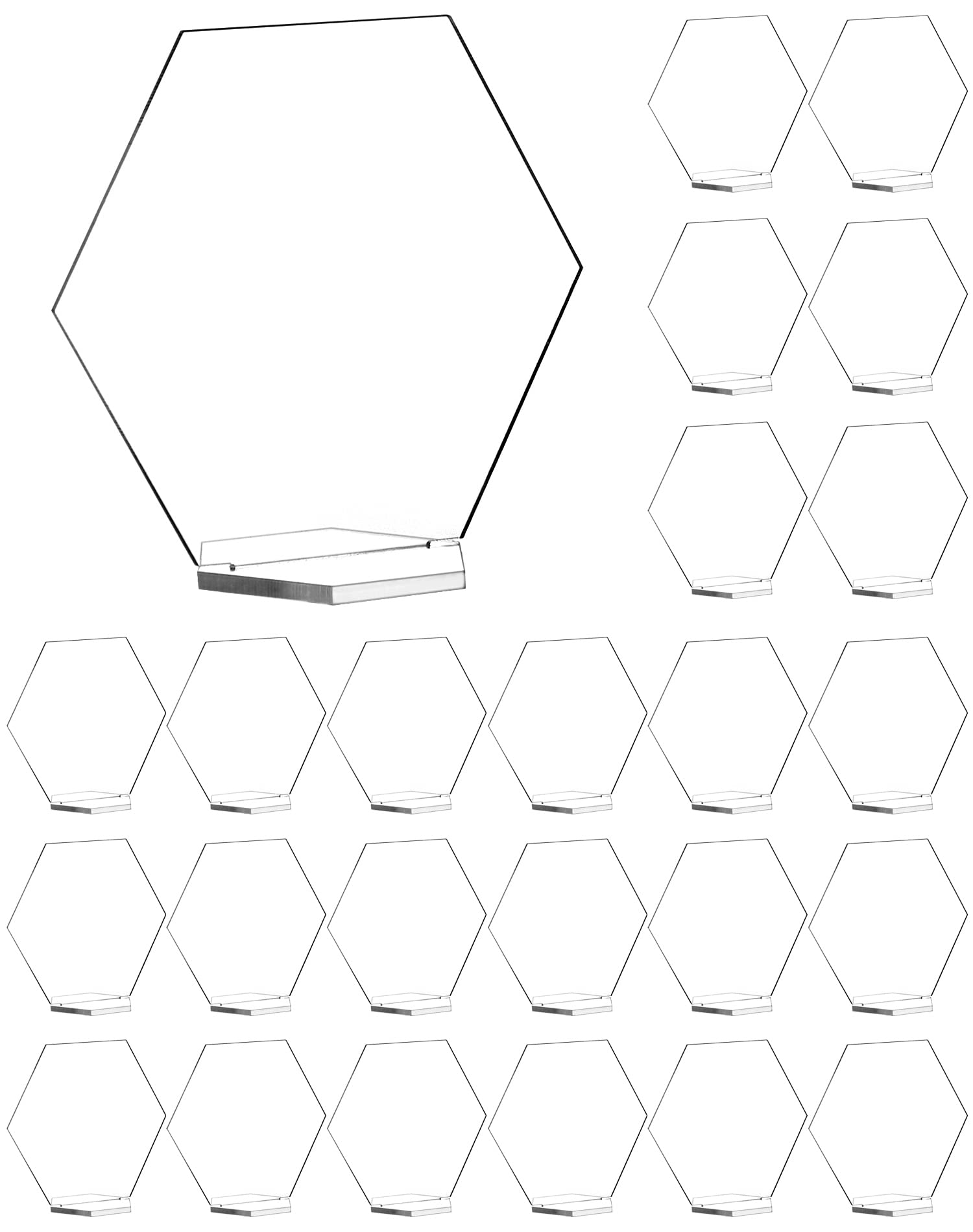 QWORK Clear Acrylic Hexagonal Place Cards, 25 Pack Acrylic Tabletop Sign & Holder, DIY Table Name Cards Plates for Wedding Reception Event Party Centerpiece Table Decorations