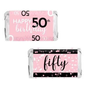 distinctivs pink, black, and white 50th birthday party mini candy bar wrappers - 45 count, pink birthday decorations for women