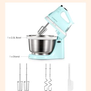 2 in 1 Hand Mixers Kitchen Electric Stand mixer with bowl 3 Quart, electric mixer handheld for Everyday Use, Dough Hooks & Mixer Beaters for Frosting, Meringues & More (Aqua)