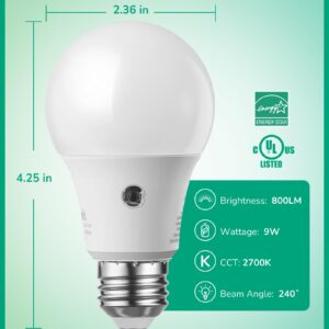 EDISHINE Dusk to Dawn Light Bulbs Outdoor, A19 LED Light Bulb 2700K Warm White, 9W Equivalent 60W, Automatic On/Off, Dual External Sensor, 800LM Bright Light Bulb, E26 Base, 4 Pack, UL Listed