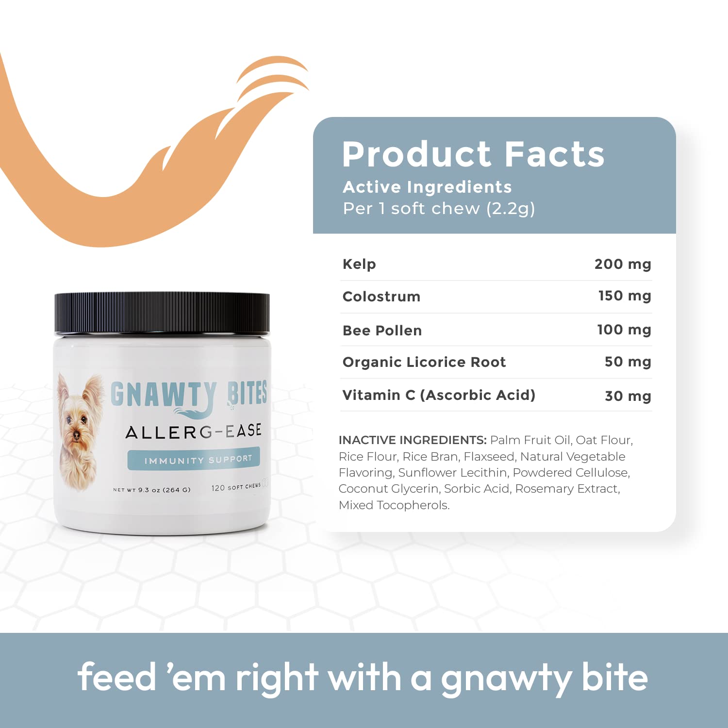 Gnawty Bites Allerg-Ease | Dog Allergy Supplement, Soothes Irritation & Inflammation | Immune Support, Itch & Seasonal Allergy Relief with Kelp, Colostrum, & Bee Pollen, 120 Soft Chews