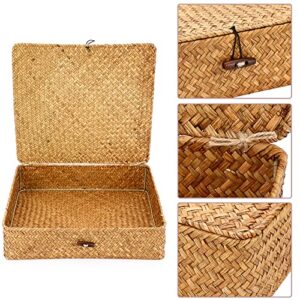 Hipiwe Flat Woven Wicker Basket Bins with Lid X-Large Natural Seagrass Storage Basket Box Multipurpose Household Basket Bins Boxes for Shelf Wardrobe Organizer, Caramel