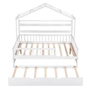 Harper & Bright Designs Full House Bed with Trundle, Wood Full Kids Bed Frame with Shelf, Full Size House Bed for Kids with Roof for Girls, Boys,No Box Spring Needed (Full, White)