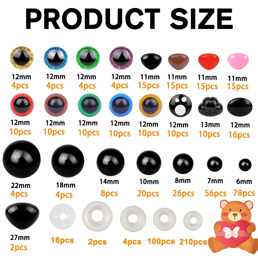 YUJUN 700PCS Safety Eyes for Crochet,6-22mmColorful Glitter Noses with Washers Stuffed Animals Amigurumi Craft Doll Making Teddy Bear Toy