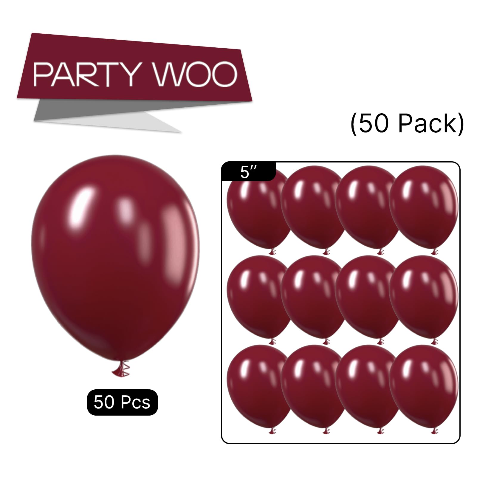 PartyWoo Burgundy Balloons, 50 pcs 5 Inch Wine Red Balloons, Maroon Balloons for Balloon Garland or Balloon Arch as Birthday Party Decorations, Wedding Decorations, Baby Shower Decorations, Red-Y62