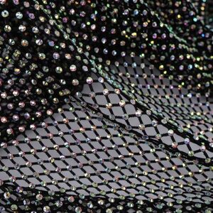 Exquisite AB Color Rhinestone Fabric Stretchy Mesh (15 inch by 12 inch, Black)