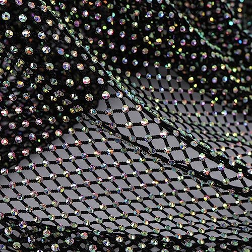 Exquisite AB Color Rhinestone Fabric Stretchy Mesh (15 inch by 12 inch, Black)