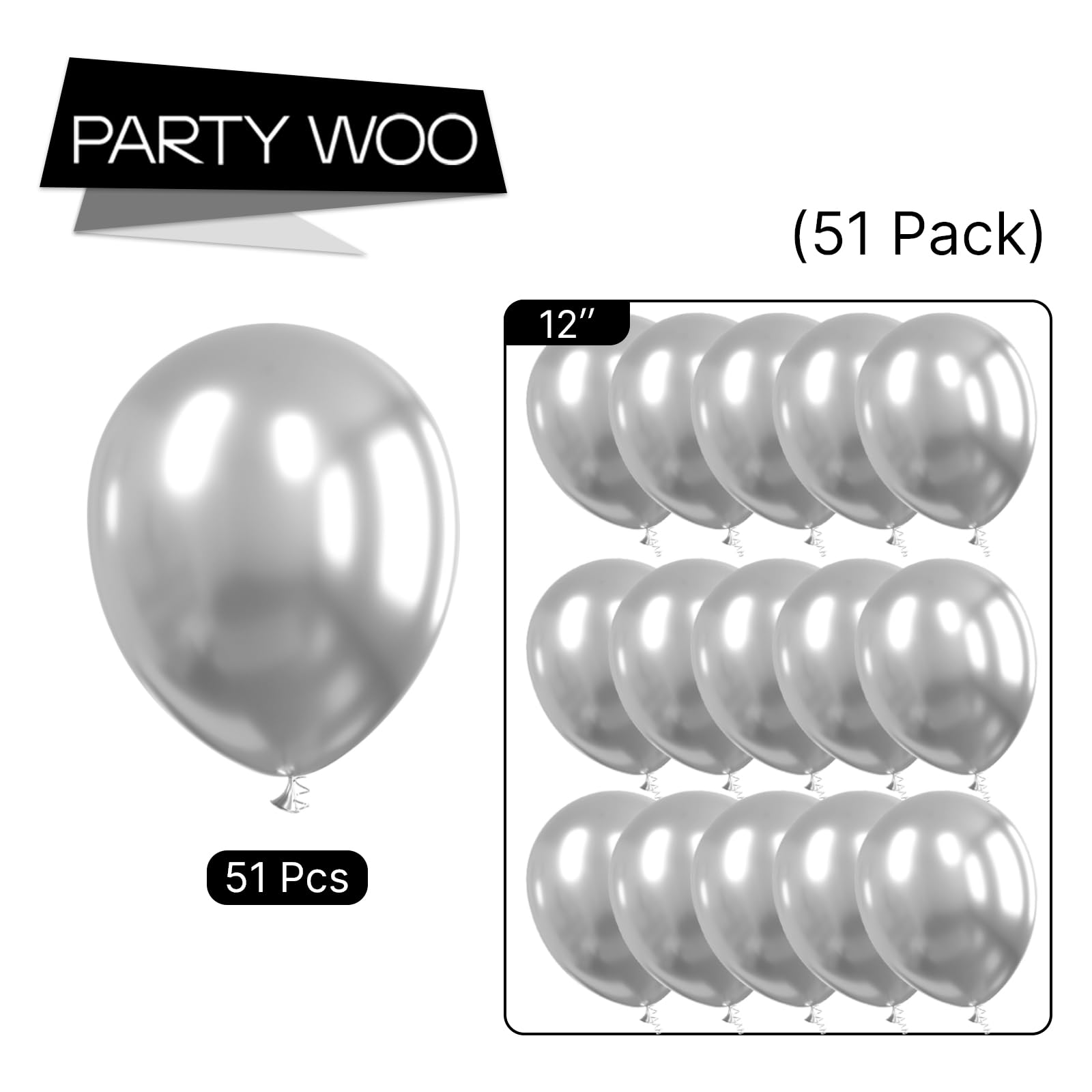 PartyWoo Metallic Silver Balloons, 51 pcs 12 Inch Silver Metallic Balloons, Silver Balloons for Balloon Garland or Arch as Wedding Decorations, Birthday Decorations, Party Decorations, Silver-G102