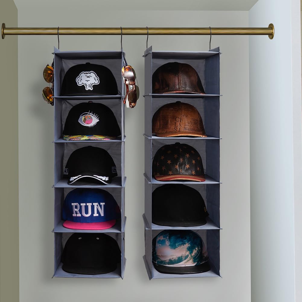 LADYBRO Baseball Cap Storage for Closet Hanging Hats Organizer 10-Shelf Hat Racks 2Pcs 5-Shelf Hat Storage Newsboy Hat Trucker Cap Boxes Container Hat Display Hanger Hat Holder Oxford Cloth