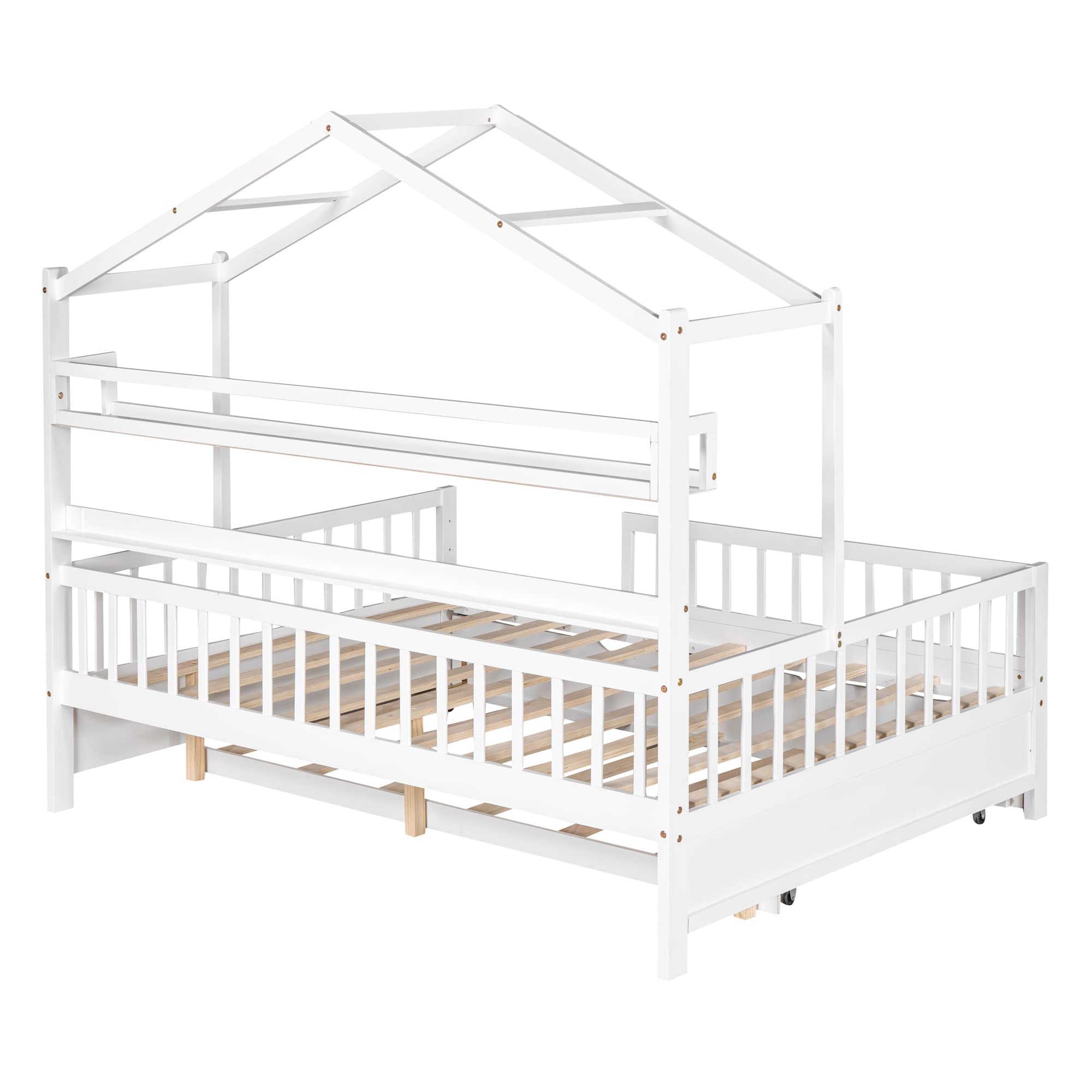 Harper & Bright Designs Full House Bed with Trundle, Wood Full Kids Bed Frame with Shelf, Full Size House Bed for Kids with Roof for Girls, Boys,No Box Spring Needed (Full, White)