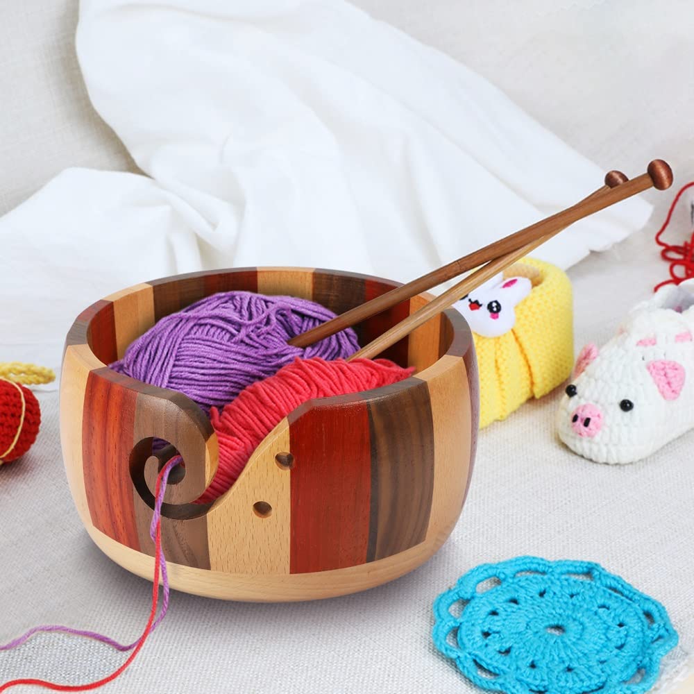 LucyPhy Wooden Yarn Bowl 6.7 x 3.2inch Handmade Craft Knitting Bowl Wool Storage Basket with Carved Holes & Drills for DIY Knitting Crocheting Accessories(Mixed Color)